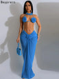Beyprern Women's Royal Blue 3D Flower Bikini Set 3 Pieces Outfits Summer Sheer Mesh Blossmed Ruched Dress Cover-Up Set Swimsuits