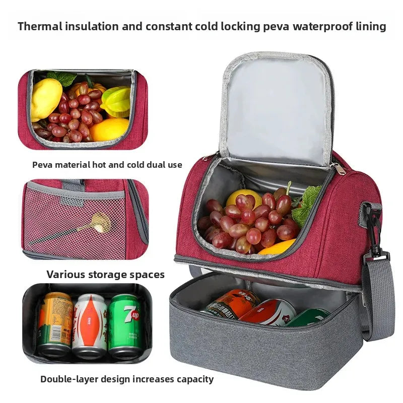 Double Layer Portable Picnic Lunch Bag Crossbody Handheld Insulated Breast Milk Storage Bag Outdoor Meal Box Bag