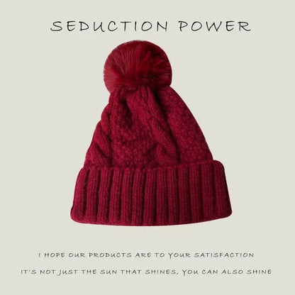 Winter Twist Knitting Hats Warm Fur Pompom Thick Plush Cap Beanies Solid Ladies Versatile Ski Snow Skullies Beanies Velvet Hat