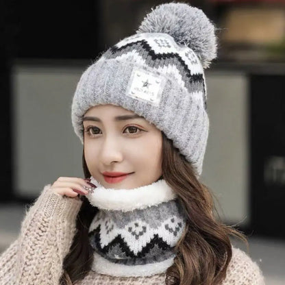 2PCS Winter Women Plush Velvet Hats Neck Warmer Hat Scarf Set Beanies Cycling Windproof Hat Outdoor Ear Protection