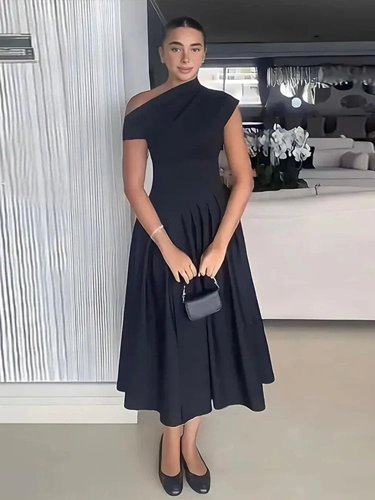 Summer Lady Patchwork Pleated Maxi Dress Chic Elegant Black Half-turtleneck Short Sleeve High Waist Dresses Office Street Robes