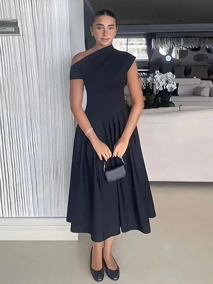 Summer Lady Patchwork Pleated Maxi Dress Chic Elegant Black Half-turtleneck Short Sleeve High Waist Dresses Office Street Robes