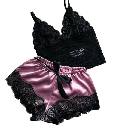 Summer Sexy Sleepwear Womens Lace Sleeveless V-Neck Pajamas Set Lingerie Babydoll Tops Shorts Set Nightwear