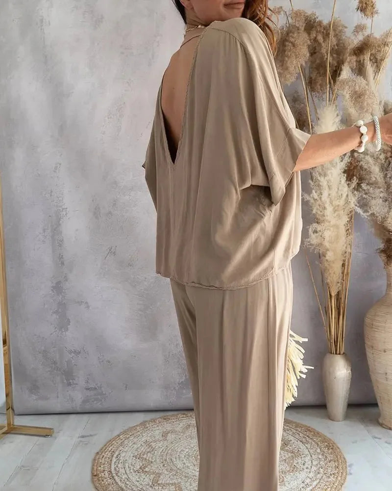 Summer White Two Piece Set For Women V Neck Bat Sleeve Top Casual Loose Lace Up Wide-leg Pants 2 Piece Suit Home Outfits Women's
