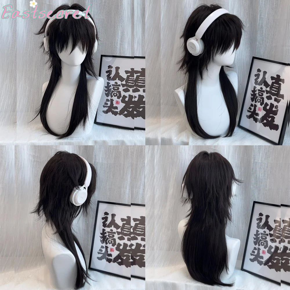 EAST Red Long Straight Synthetic Mullet Head Wig Wolf Tail Layered Fluffy Women and Men Wig for Daily Party Lolita Cosplay