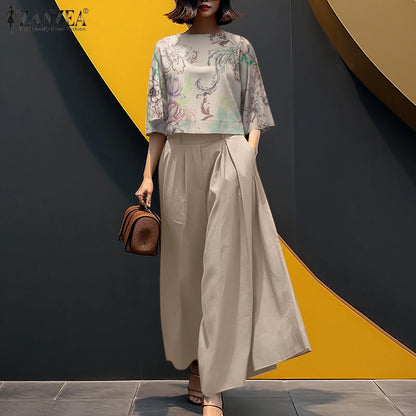 2025 ZANZEA Summer Pant Sets Fashion 2PCS Women Matching Sets O Neck 3/4 Sleeve Blouse Wide Leg Trousers Suit Casual Outfits