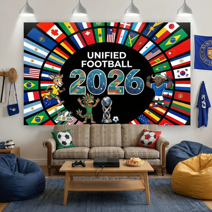 Soccer Cup 2026 Wall Tapestry, World Football Event Decor for Room, Sport Fan Party Backdrop, Graphic Print Hanging Blanket