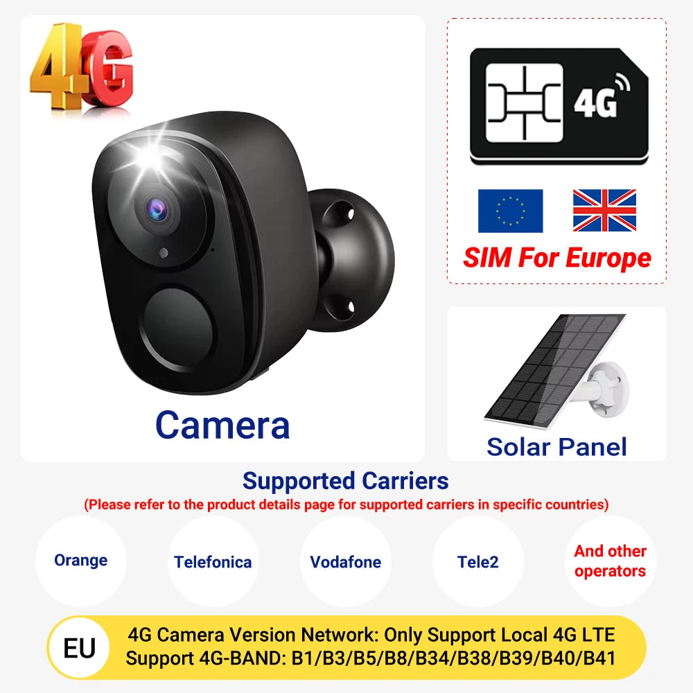 5MP 4G Solar Security Camera 2.4G WiFi Wireless Outdoor Color Night Vision Battery Powered Support PIR Waterproof Two-Way Audio