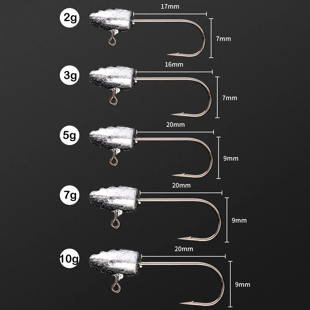 JOHNCOO 10pcs Exposed Jig Head Hook Fishing Hooks 2g 3g 5g Bait Hook Soft Bait Wom Hook light jigging hook