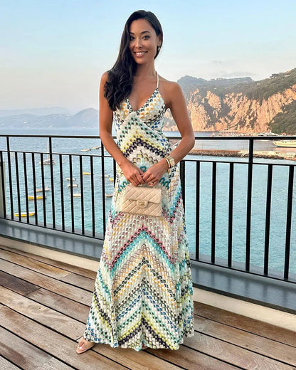 GACVGA Sexy Crochet V Neck Halter Maxi Dress Women New Summer Fashion Sleeveless Backless Slim Knitted Long Dress