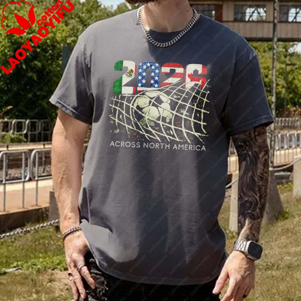 2026 North America Soccer T-Shirt World Football Fan Tee MX US CA Vintage Goal Net Graphic Cup Soccer Lover Gift Cotton Tops