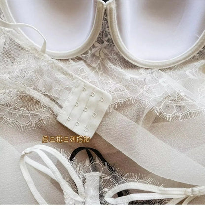 Sexy Lingerie Women Lace Transparent Underwear Embroidery Brief Set Delicate Bra Push Up Lace Gathered Edge Bra and Panty Set