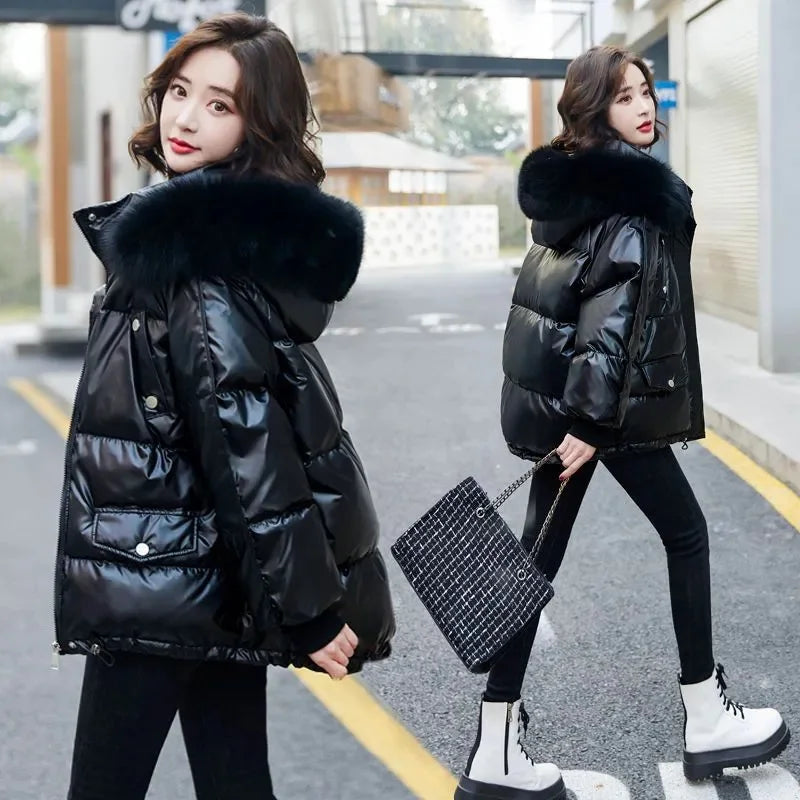 2025 Winter Fashion New Warm Duck Down Jacket Women's Clothes Glossy Fur collar Thicken Parka Short Down Coat Female Trend