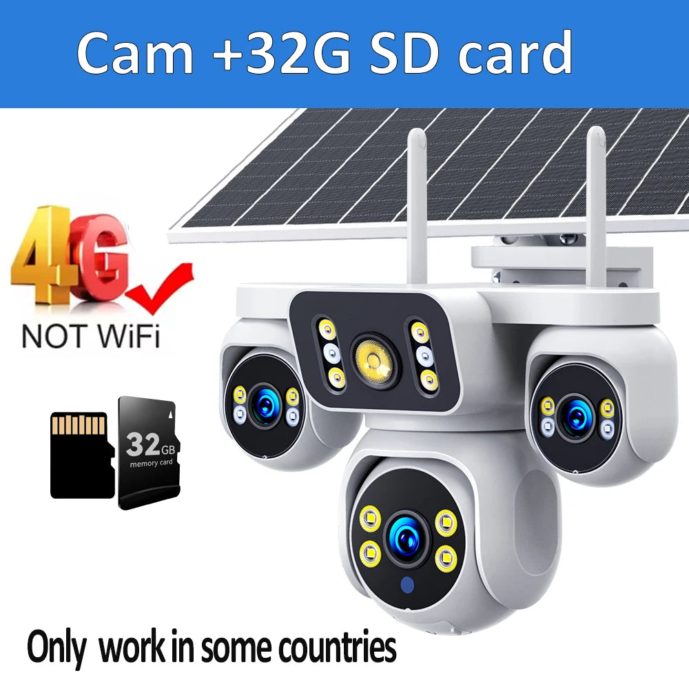 8K 15MP Triple Screen Solar Security Camera 4G LTE Wireless Solar Surveillance Cam 12X Zoom 12000mAh Security Protection CCTV
