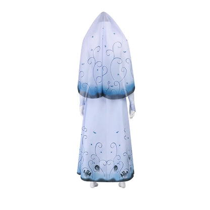 Bride Emily Cosplay Costume Wig Zombie Ghost Emily Blue Printed Dress Gothic Clothing Halloween Party Princess Dress Suit