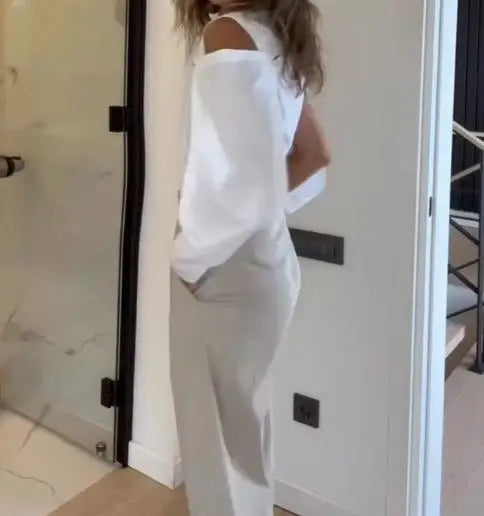 Two Piece Set Women Outfit Spring Summer New Elegant Off Shoulder Turn-Down Collar Shirt & High Waist Straight Pants Set