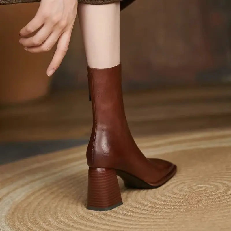 Leather Square Toe Heeled Booties Fleece-Lined Women's Ankle Boots Autumn Winter Female Short Shoes Trend 2025 on Offer Footwear