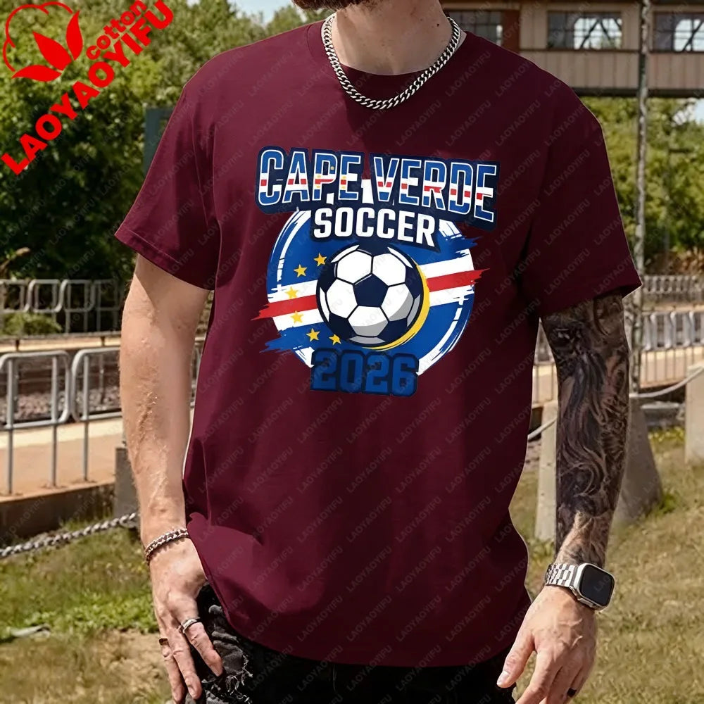 Men's T-Shirt with A Cape Verde 2026 Football Theme Printing Pattern Tshirt Cotton Short-Sleeve Summer Tops Celebration Outfit