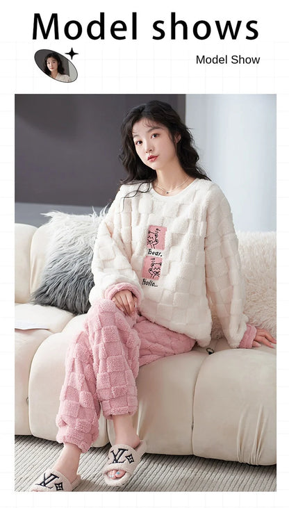 Thickened Warm Winter Couples Flannel Pajamas for Men and Women Cartoon Bear Sleepwear Loungewear Ladies Nightwear Homewear