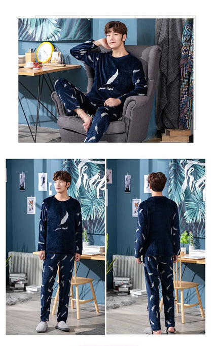 Winter New Thickening Round Neck Long Sleeve 2 Piece Outfit Set Man Flannel Man Clothing Set Advanced Printing Lounge Sets Man
