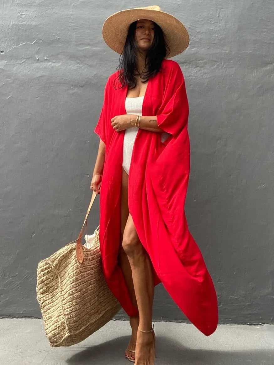 New Boho Beach Kimono Swimwear Women Cotton Holiday Summer Women's Tunic Beachwear Outfits Solid Oversize Cover-Ups
