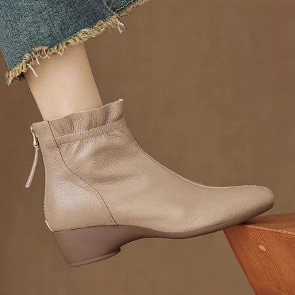 2025 Autumn Winter New Women's Soft Leather Ankle Boots - Block Low Heel, Side Zipper, Comfortable for Commuting