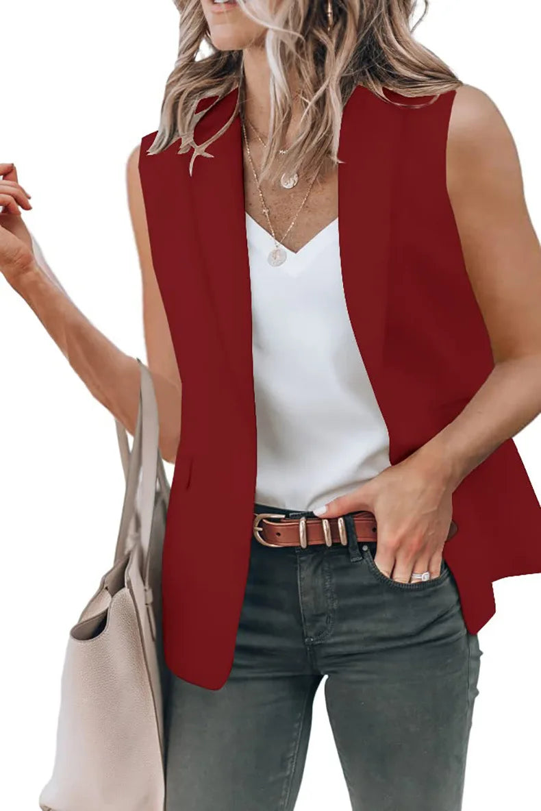 2023 Autumn New Style Sleeveless Solid Color Suit Collar Loose Cardigan Women's Wear