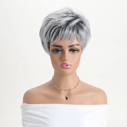 Short Natural Wigs with Bangs Soft Mommy Hair Daily Use Short  Grey Ombre Curly Synthetic Hair Costume Party Wig for Women