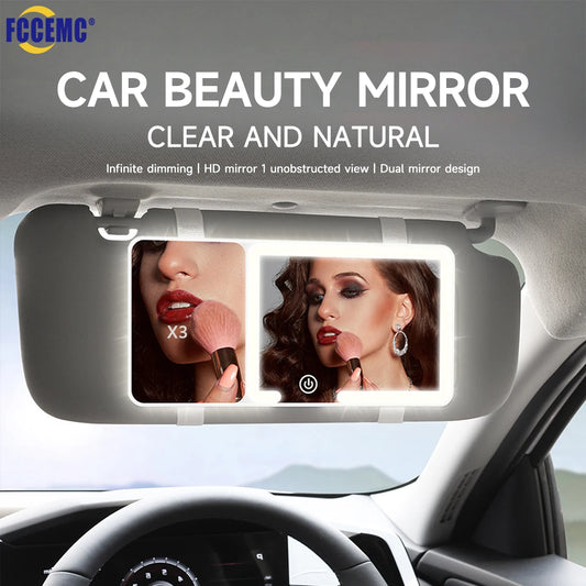 Car Sun Visor Makeup Mirror LED Touch Screen Adjustable Brightness Auto Interior Makeup HD Mirror with Magnifying Glass