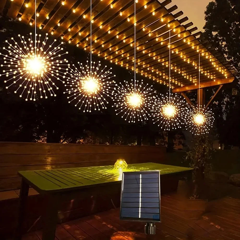 4PCS 360/480LED Solar Fireworks Lights Outdoor Waterproof Hanging 8 Modes Star Burst Light For Party Wedding Garden DIY Decor