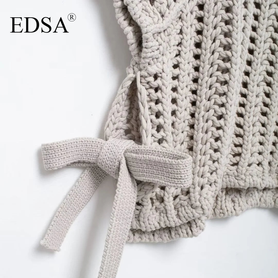 EDSA Women Chunky Knit Top with Side Straps O-Neck Short Sleeves Hollow Out Cropped Sweater Pullover for Casual Female