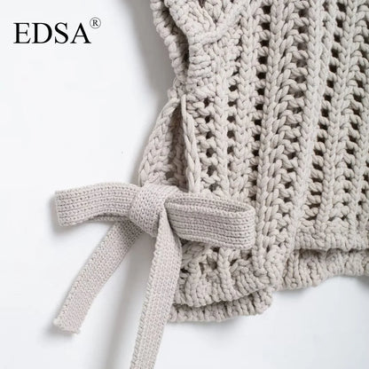 EDSA Women Chunky Knit Top with Side Straps O-Neck Short Sleeves Hollow Out Cropped Sweater Pullover for Casual Female