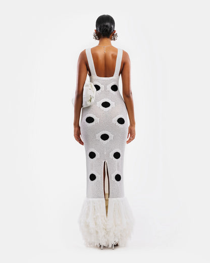 Designed Polka Dot Knitted Long Dress V Neck Hollow Out Fringe Hem Dresses 2025 Summer New Women's Elegant Party Evening Gown