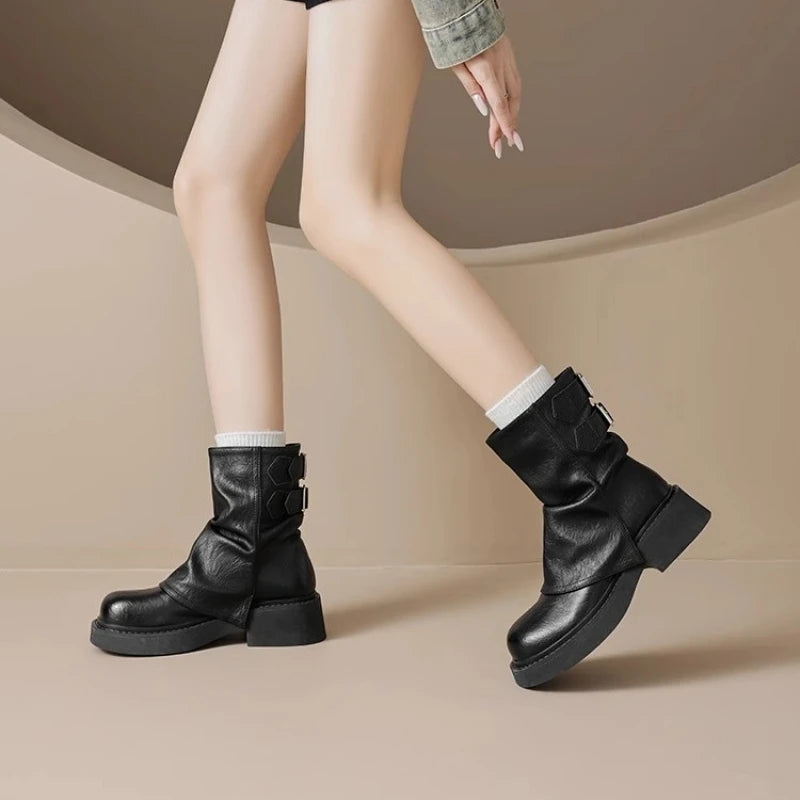 New Women's Platform Ankle Boots - Buckle Detail Retro Chunky Heel Booties,Fall/Winter Fashion Low-Cut Boots