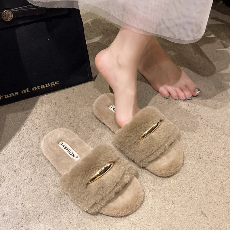 Fashion Winter Warm Women Slippers Cozy Faux Fur Cross Indoor Floor Slides Flat Soft Fluffy Female Celebrities Home Cotton Shoes