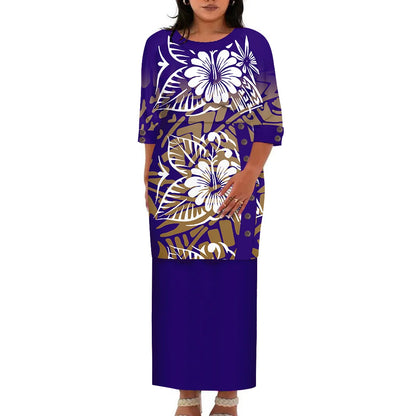 Hawaii Style Design Big Size Ladies Long Dress Custom Polynesian Puletasi Ptaha Dress O Neck Prom Clothes 2 Piece Outfits Sets