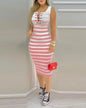 Womens Dresses Summer Fashion Lace Up Striped Print Square Neck Sleeveless Casual Skinny Daily Midi Vest Dress