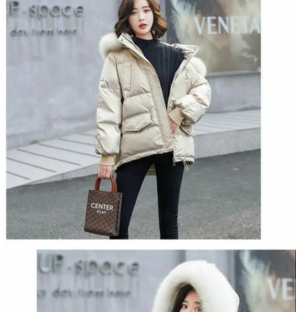 2025 Winter Fashion New Warm Duck Down Jacket Women's Clothes Glossy Fur collar Thicken Parka Short Down Coat Female Trend
