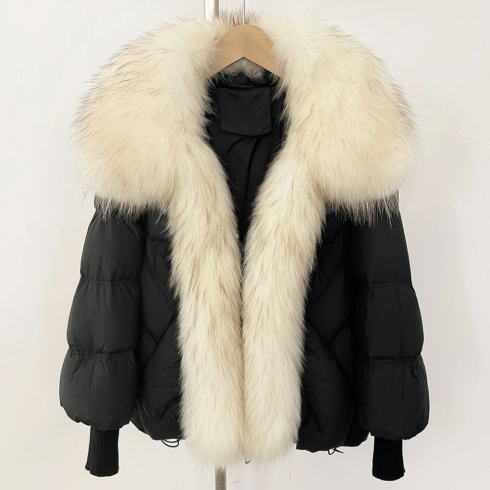 OFTBUY 2025 New Winter Large Real Raccoon Fur Puffer Coat Women Oversized Feather Down Parka Knit Sleeve White Duck Down Jacket