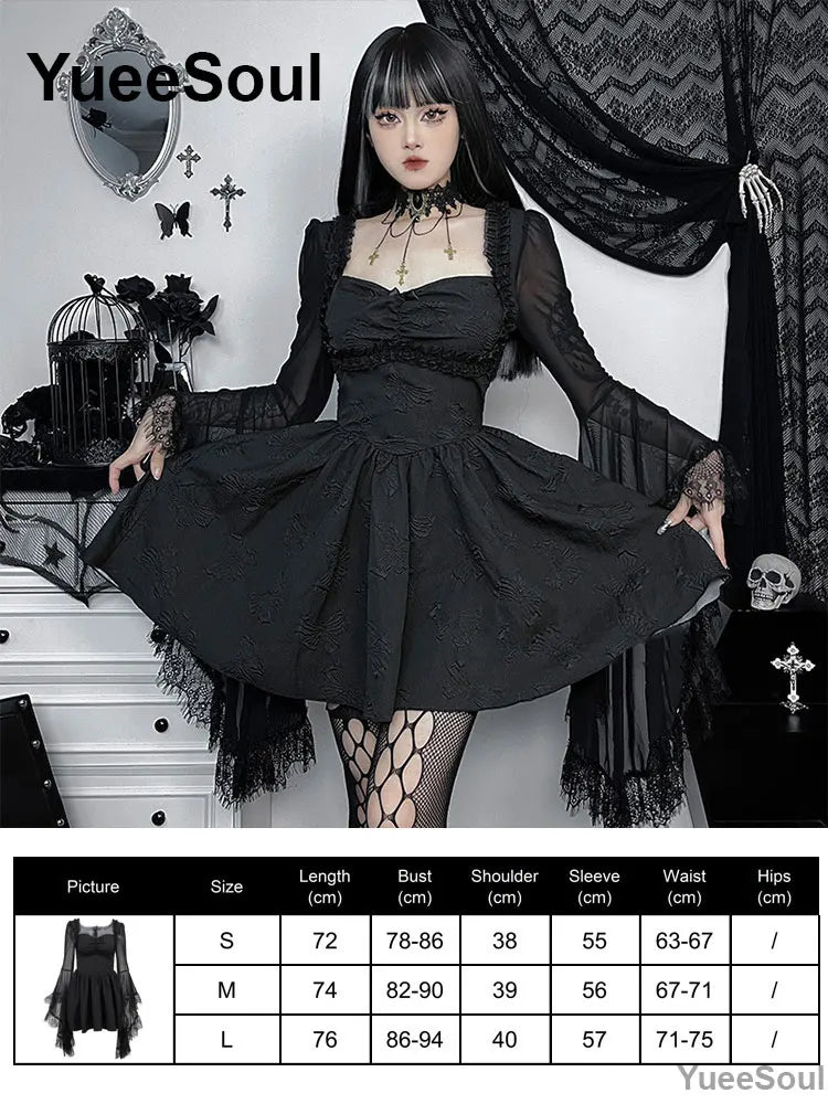 Halloween Gothic Grunge Punk Women Dress Long Sleeve Lace Slim Black Dresses 2025 New Y2K Harajuku Lolita Fairy Core Party Dress