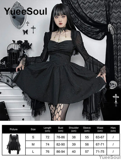 Halloween Gothic Grunge Punk Women Dress Long Sleeve Lace Slim Black Dresses 2025 New Y2K Harajuku Lolita Fairy Core Party Dress