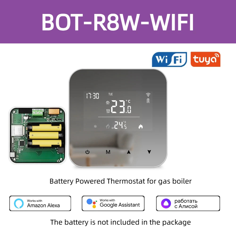 Beok Tuya Wifi Smart Thermostat Battery Powered Mirror LCD Display Gas Boiler Temperature Controller Support Alexa Google Home