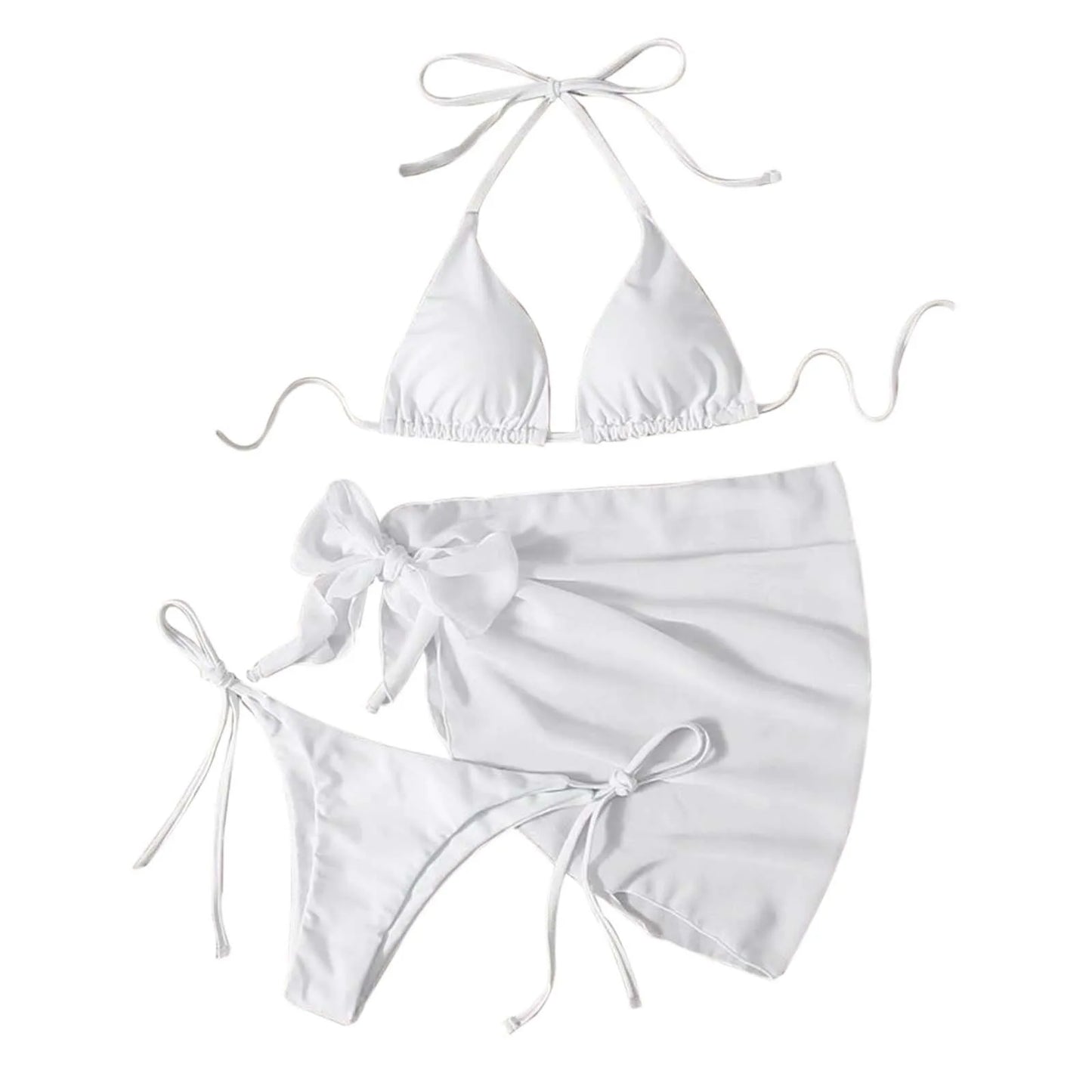 Sexy Three Pieces Bikini Set Women Summer Bikini With Sarong Skirt Solid Color Triangle Cup Tie Up Female Swimwear Swimming Suit