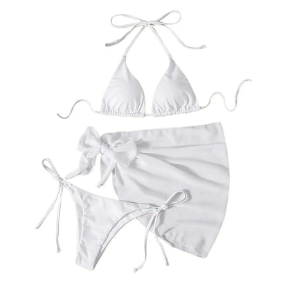 Sexy Three Pieces Bikini Set Women Summer Bikini With Sarong Skirt Solid Color Triangle Cup Tie Up Female Swimwear Swimming Suit