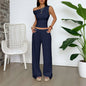 Two Piece Set Women Outfit  Summer New Solid Color Slanted Collar Tank Top & High Waist Casual Wide Leg Long Pants Set