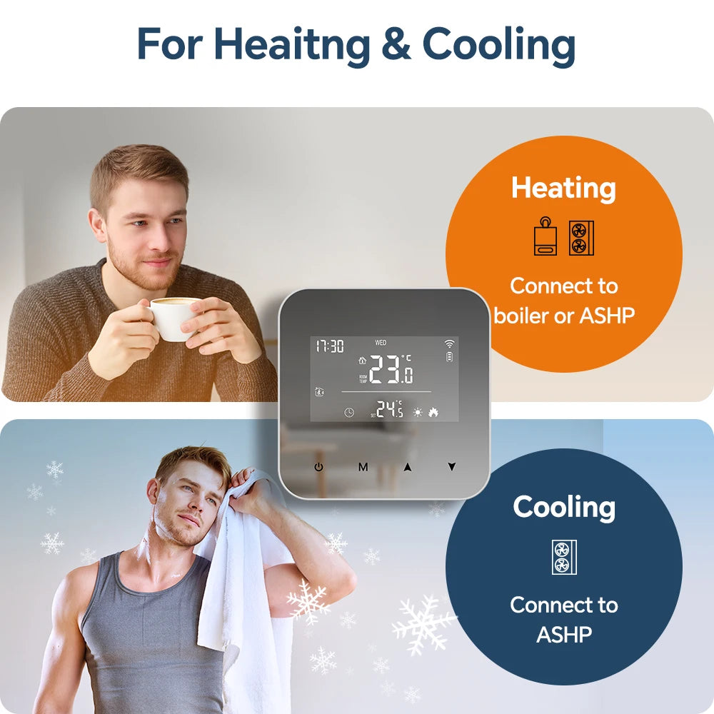 Beok Tuya Wifi Smart Thermostat Battery Powered Mirror LCD Display Gas Boiler Temperature Controller Support Alexa Google Home