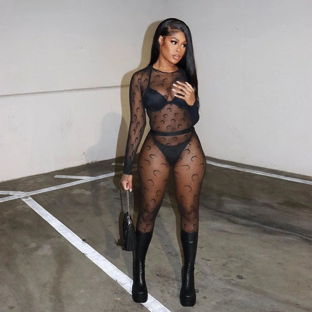 Sexy Streetwear Me See-tough Long Sve Set Pure Color round Ne Fitted Sle for Young Women 8-35 Summer Collection