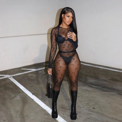 Sexy Streetwear Me See-tough Long Sve Set Pure Color round Ne Fitted Sle for Young Women 8-35 Summer Collection