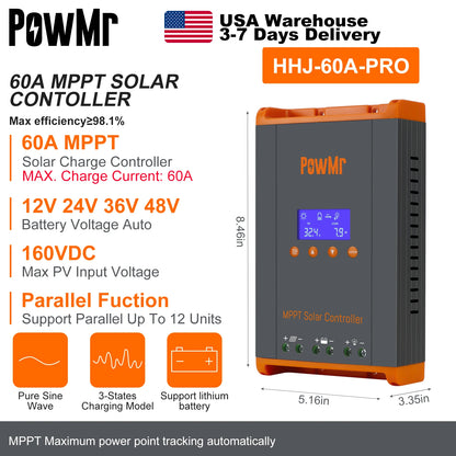 PowMr USA 60A MPPT Solar Charge Controller Can Parallel 12PC Charging 12V 24V 36V 48V LifePo4 Battery Max 160VDC Solar Panel