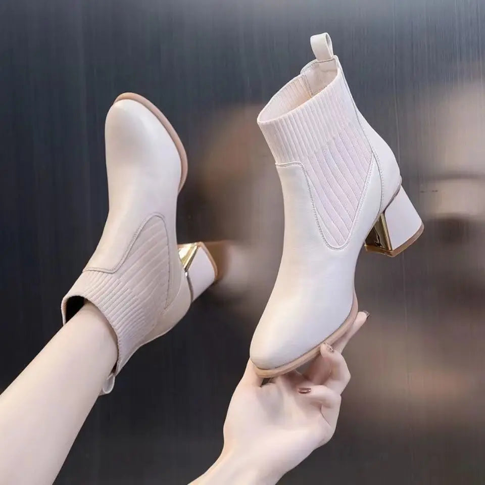 Elegant with Medium Heels Leather Women's Ankle Boots Autumn Winter Female Short Shoes Solid Color Booties Pu Boot on Promotion